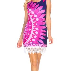 White Mark cute stretchy summer retro dress lace trim sz Med pink purple white